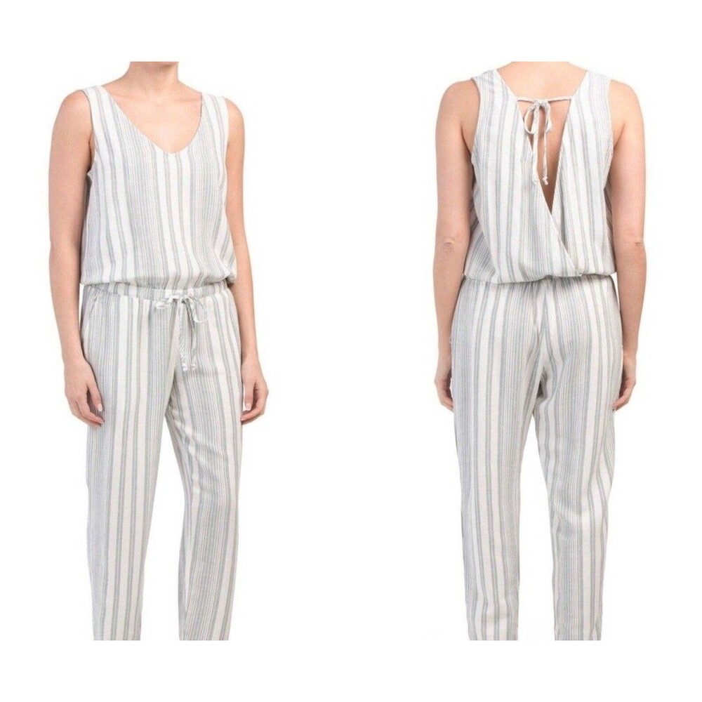 Cloth And Stone Striped Linen Blend‎ Romper Medium Lagenlook Comfort Raw Hem